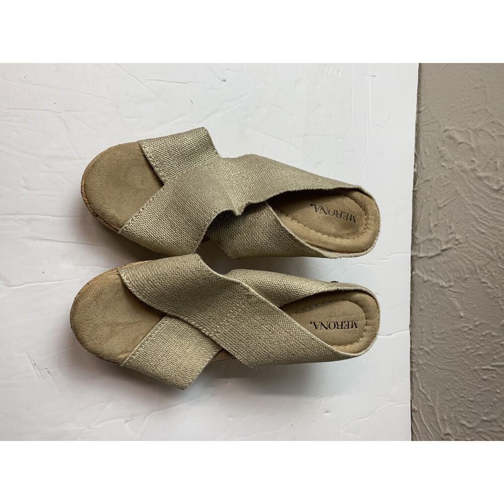 Merona Cross Strap Elastic Wedge Sandal Gold Shimmer Cork Platform Size 6